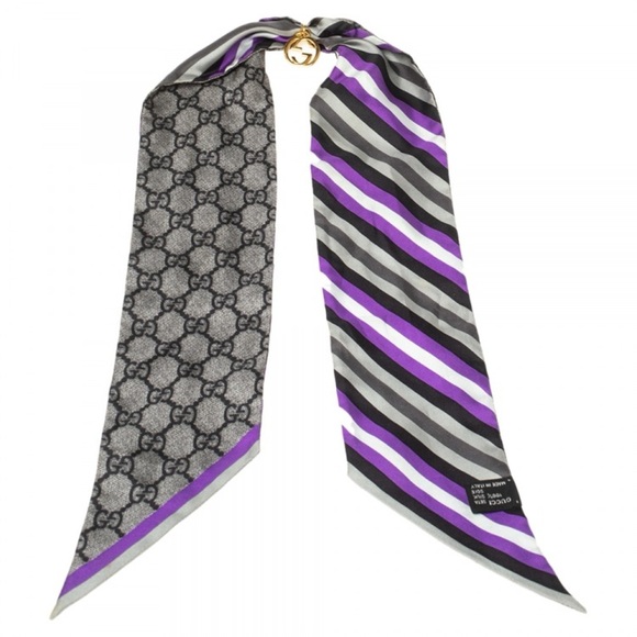 GUCCI 100% Silk Monogram Gray & Purple Stripe Skinny Neck Scarf w/Box & Ring - Picture 2 of 8